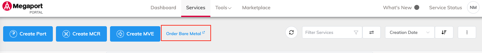 Location of order bare metal link on Services screen