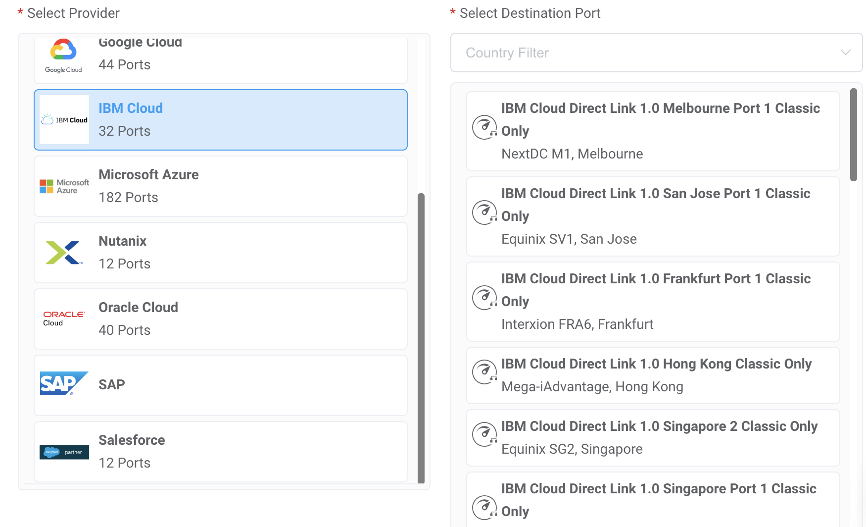Select IBM Direct Link location