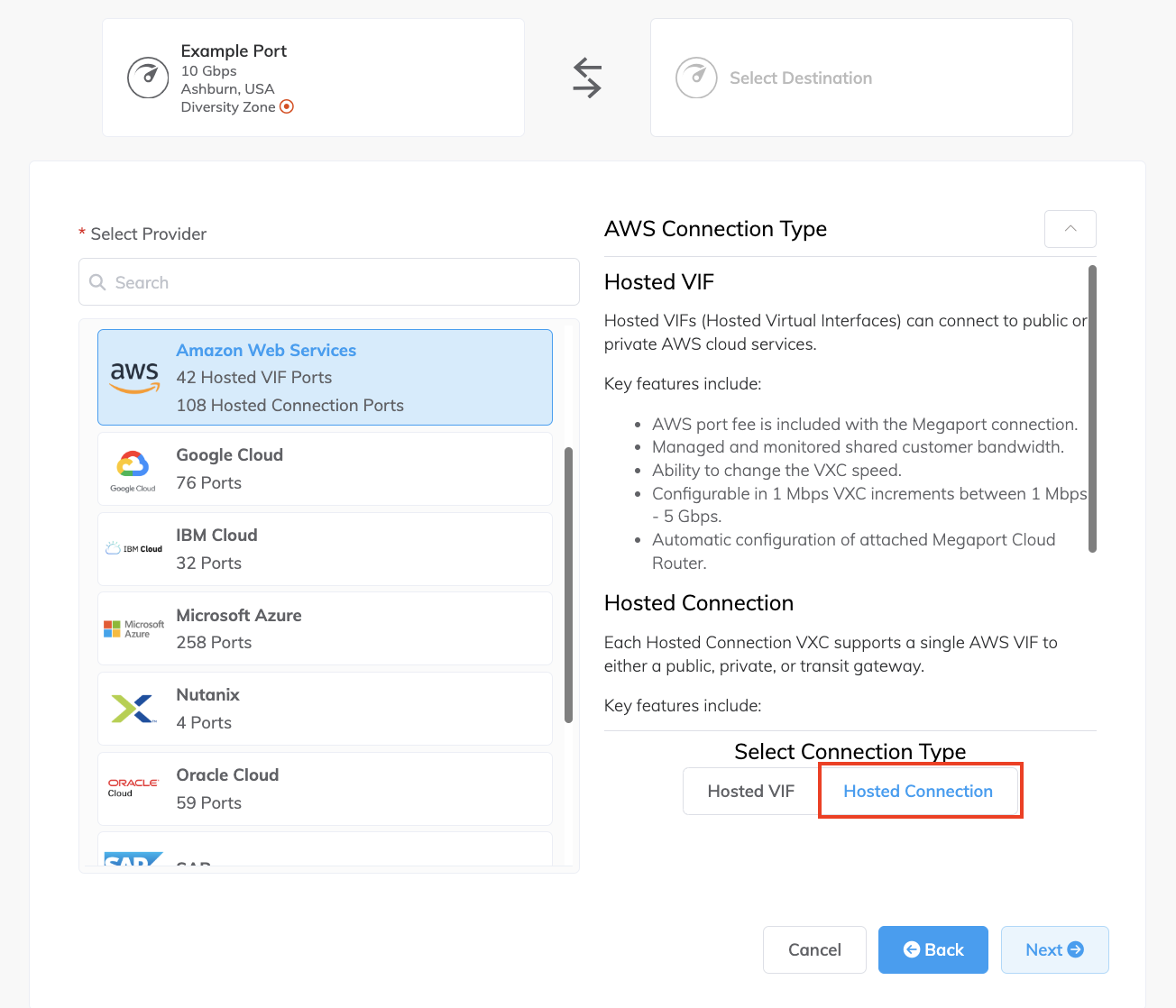 Seleção de Hosted Connection da AWS