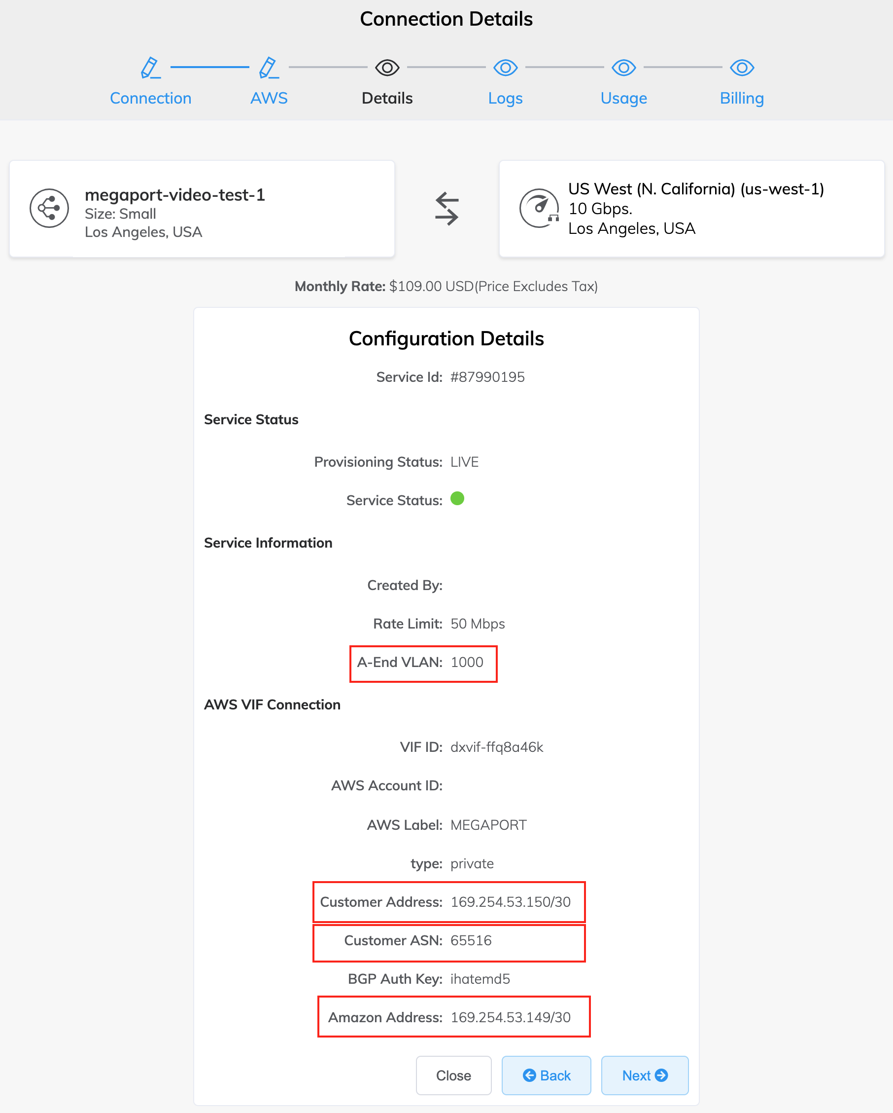 AWS Detalhes de conexão
