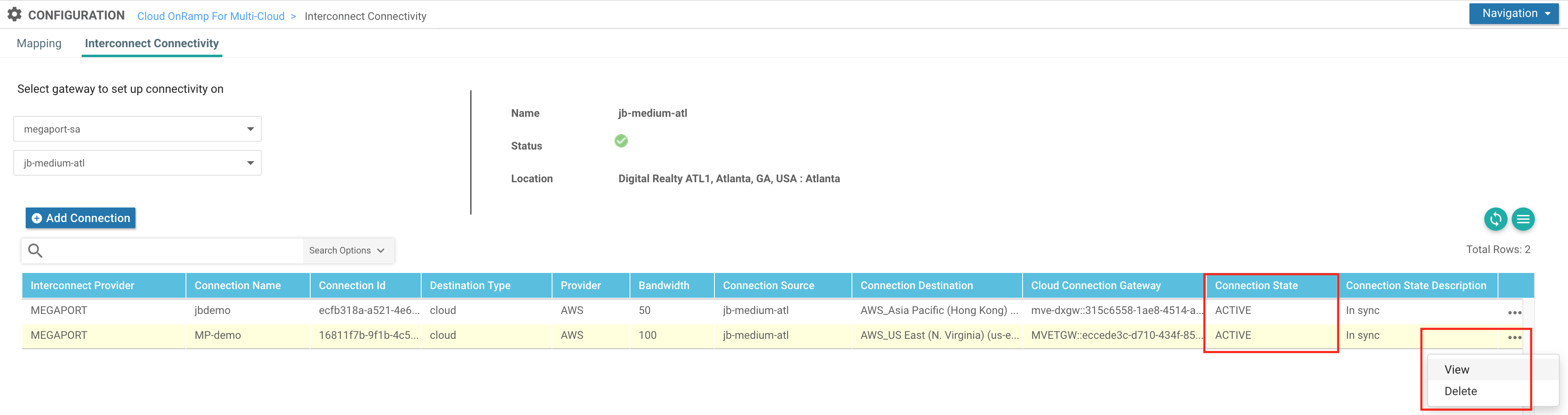 Estado e Detalhes da Conexão AWS no vManage