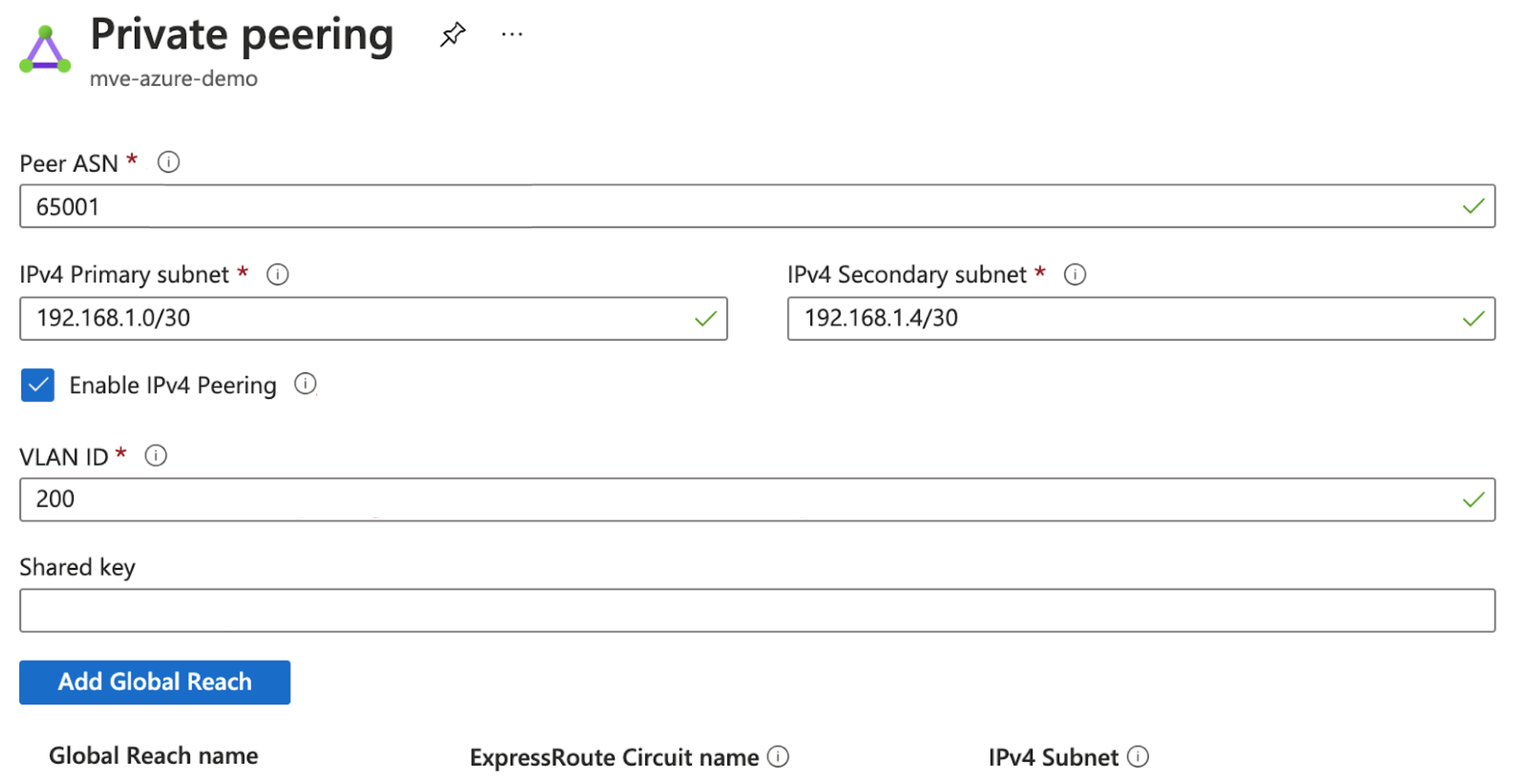 Azure Peering Configurações