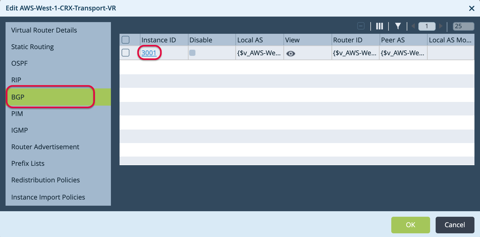 Janela Edit BGP Instance