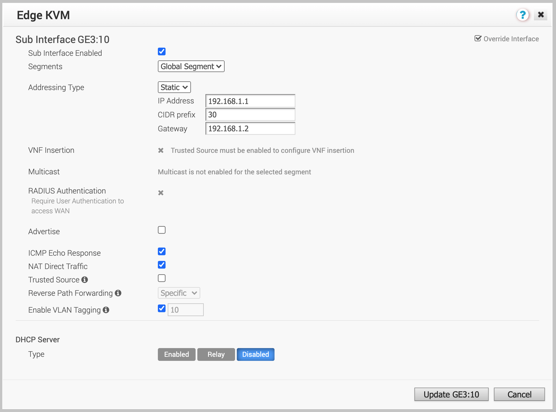 Subinterface configurações