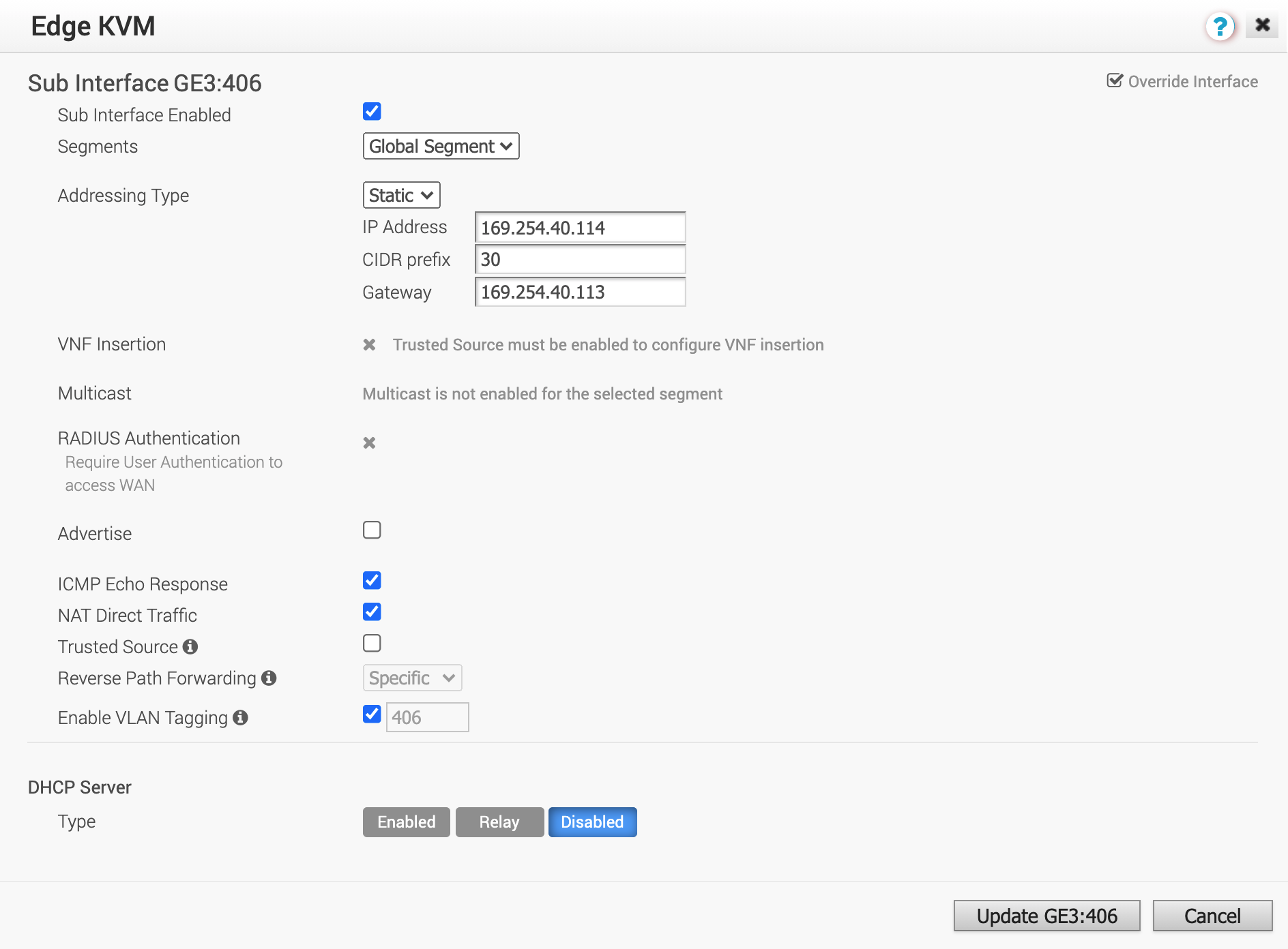 Subinterface configurações