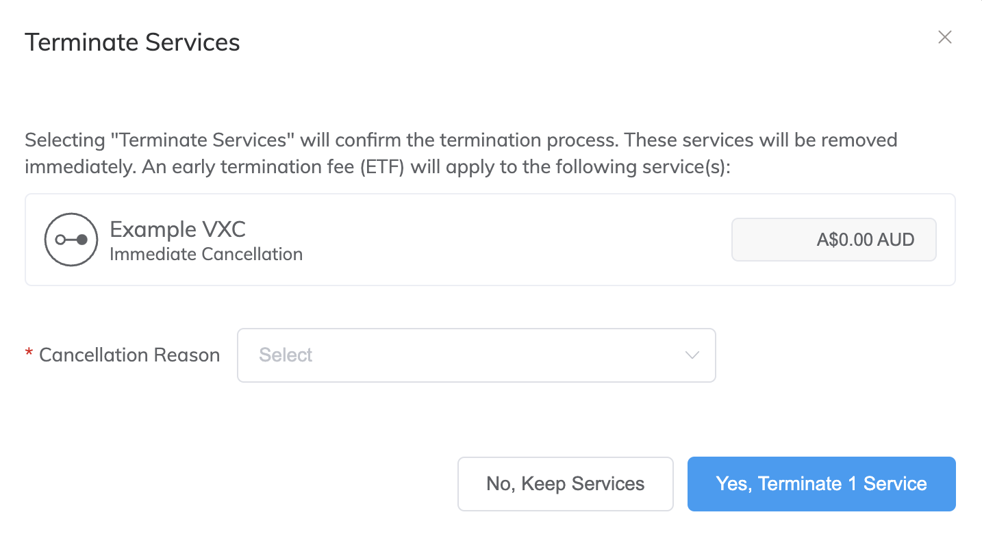 Delete VXC Terminate Services window