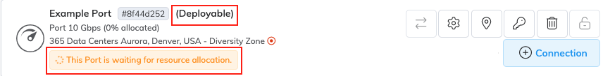 Esta imagem mostra a entrada da Port na página Services com o status como Deployable e uma mensagem dizendo 'This Port is waiting for resource allocation'.