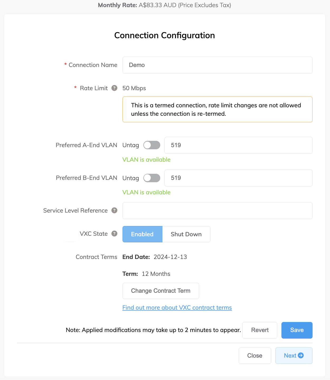 VXC Connection Details page