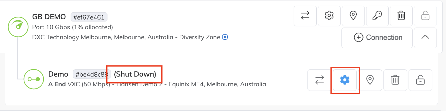 VXC Connection Shut Down in Services Page