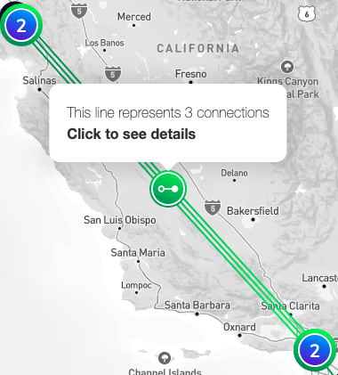 Descrição da imagem: Esta imagem mostra o pop-up que aparece quando você passa o cursor sobre um ícone de conexão em uma das linhas de conexão. Ele diz: "Esta linha representa 3 conexões. Clique para ver os detalhes."