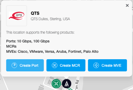 Esta imagem mostra os detalhes de um local expandido. Ela diz ‘Este local suporta os seguintes produtos: Portas - 10Gbps, 100Gbps, MCRs, MVEs. Cisco, VMware, Versa, Aruba, Fortinet, Palo Alto.' Há botões ao longo do pop-up que dizem ‘criar Porta’, ‘criar MCR’, e ‘criar MVE'.
