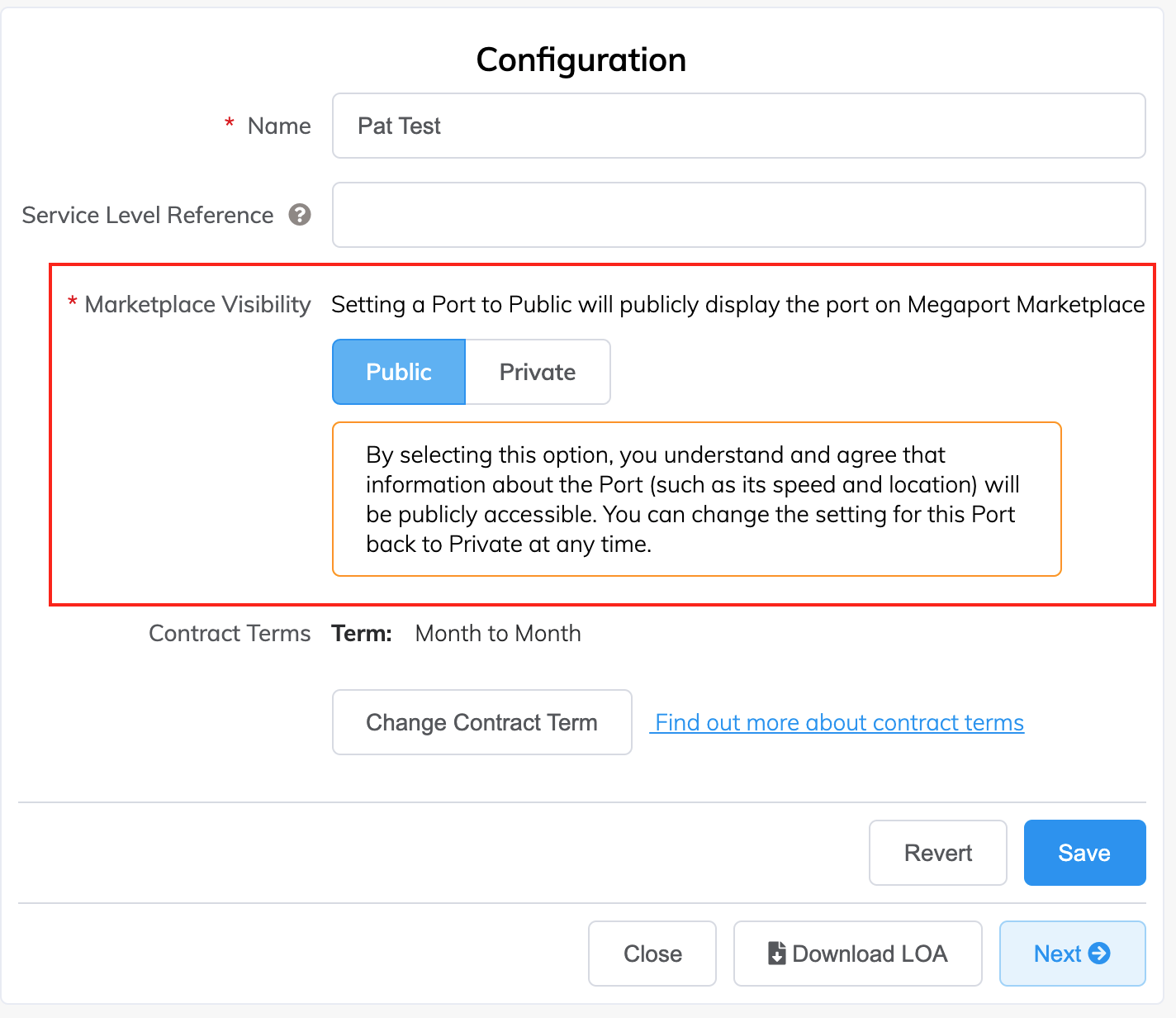 Adicionando uma porta ao seu Megaport Marketplace perfil