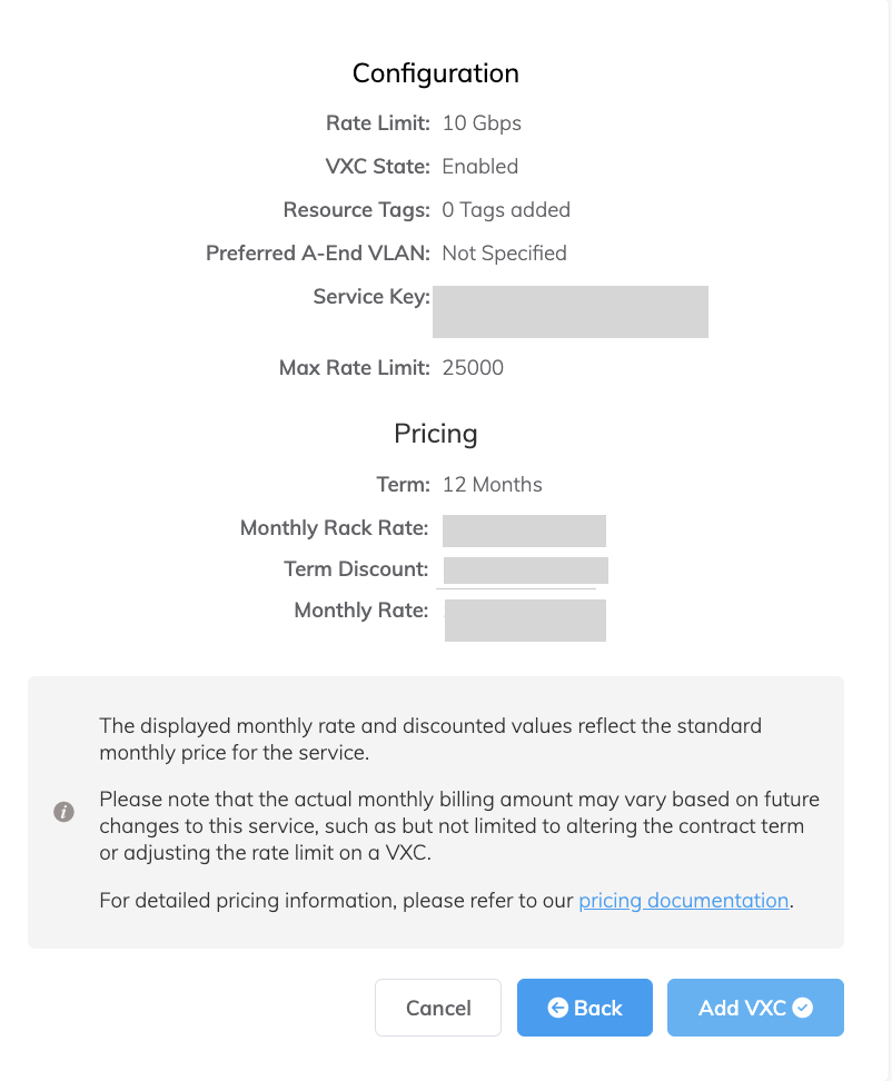 Esta imagem mostra um resumo dos detalhes do VXC adicionado para revisão.