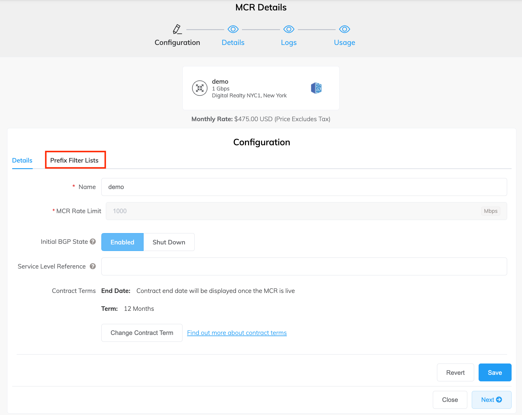 Prefix filter lists tab