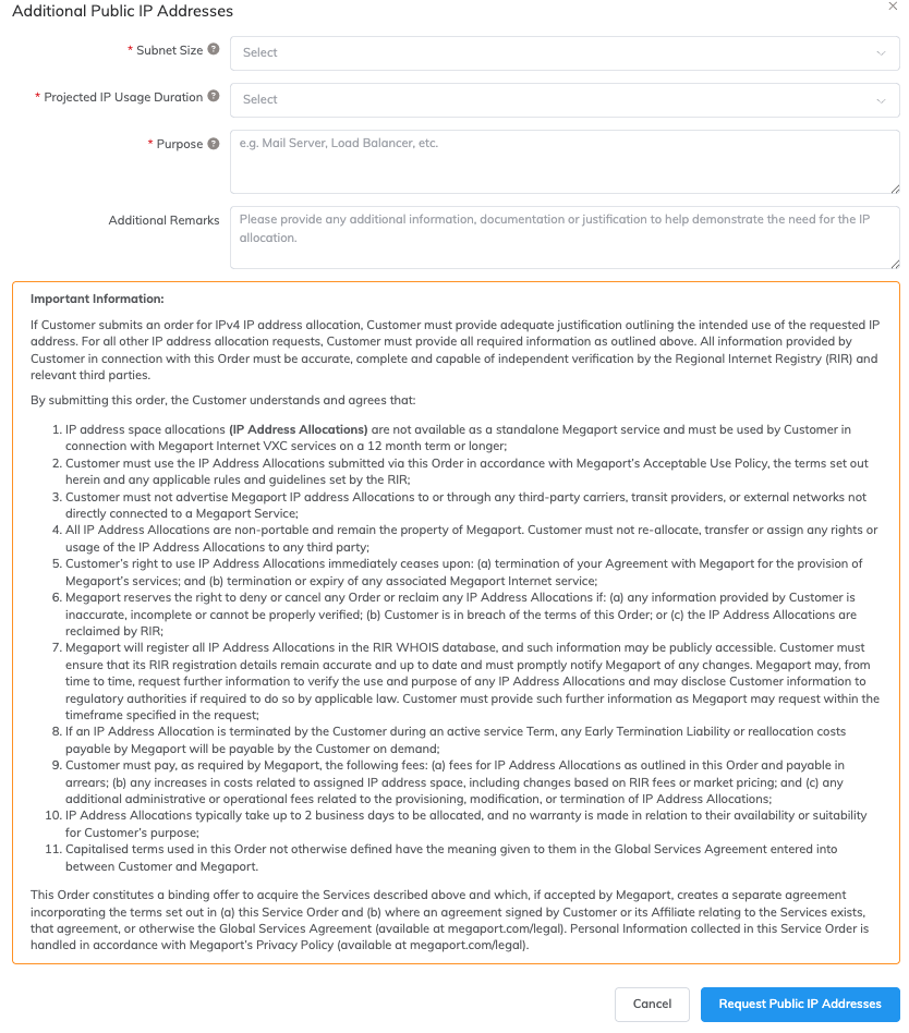 Esta imagem mostra os campos e as informações importantes usadas ao solicitar um endereço IP público. g 