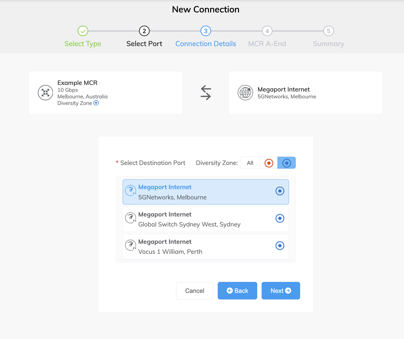 Select the B-End or IP Transit router for the Megaport Internet connection 