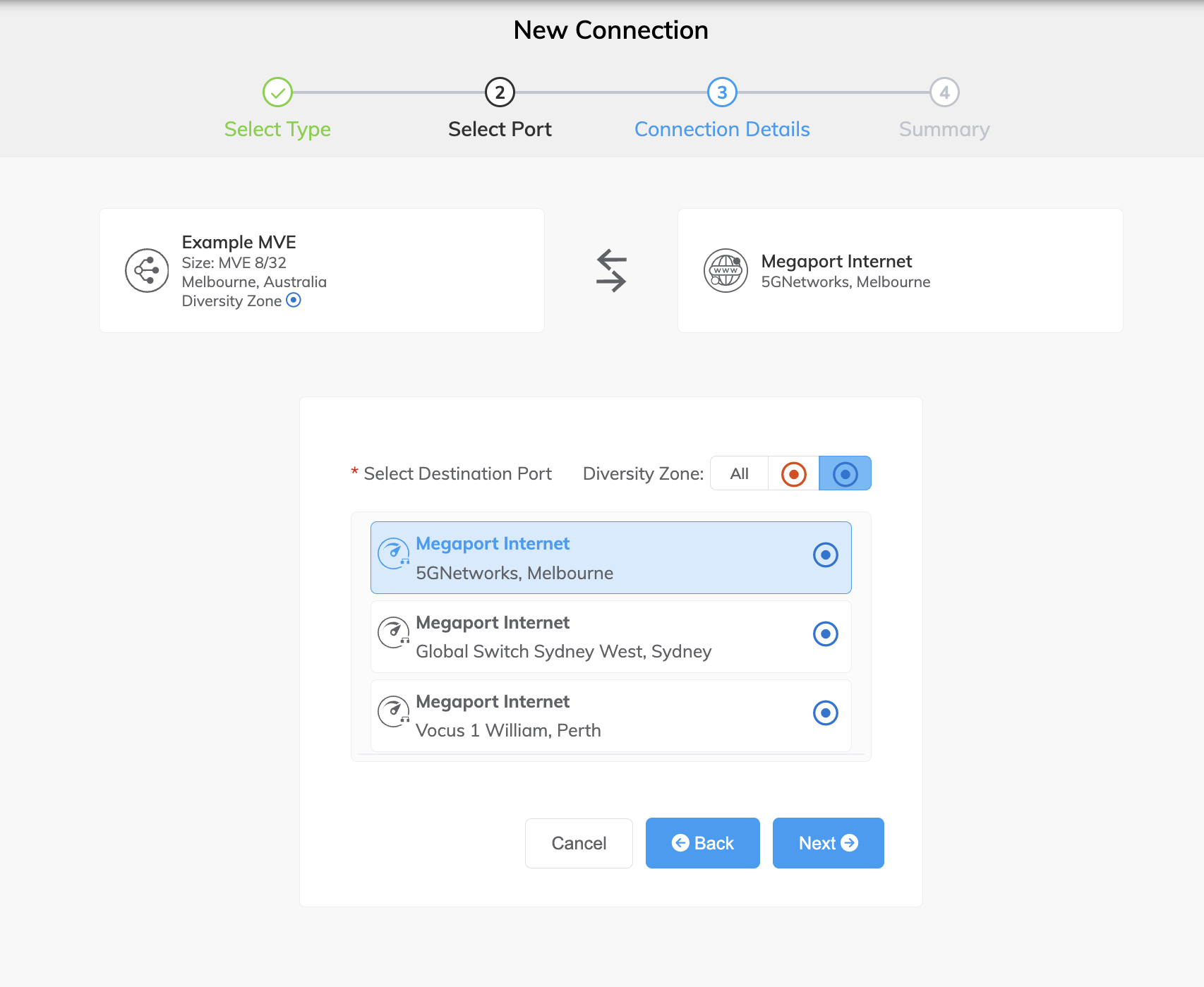 Select the B-End or IP Transit router for the Megaport Internet connection 