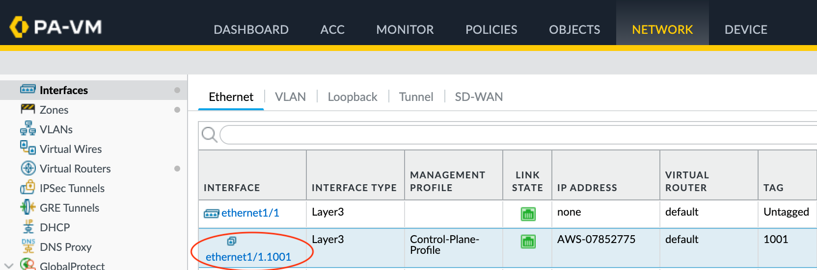 Selecionar subinterface