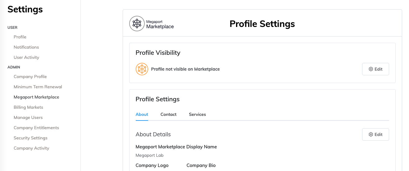 Esta imagem mostra a página de perfil do Megaport Marketplace.