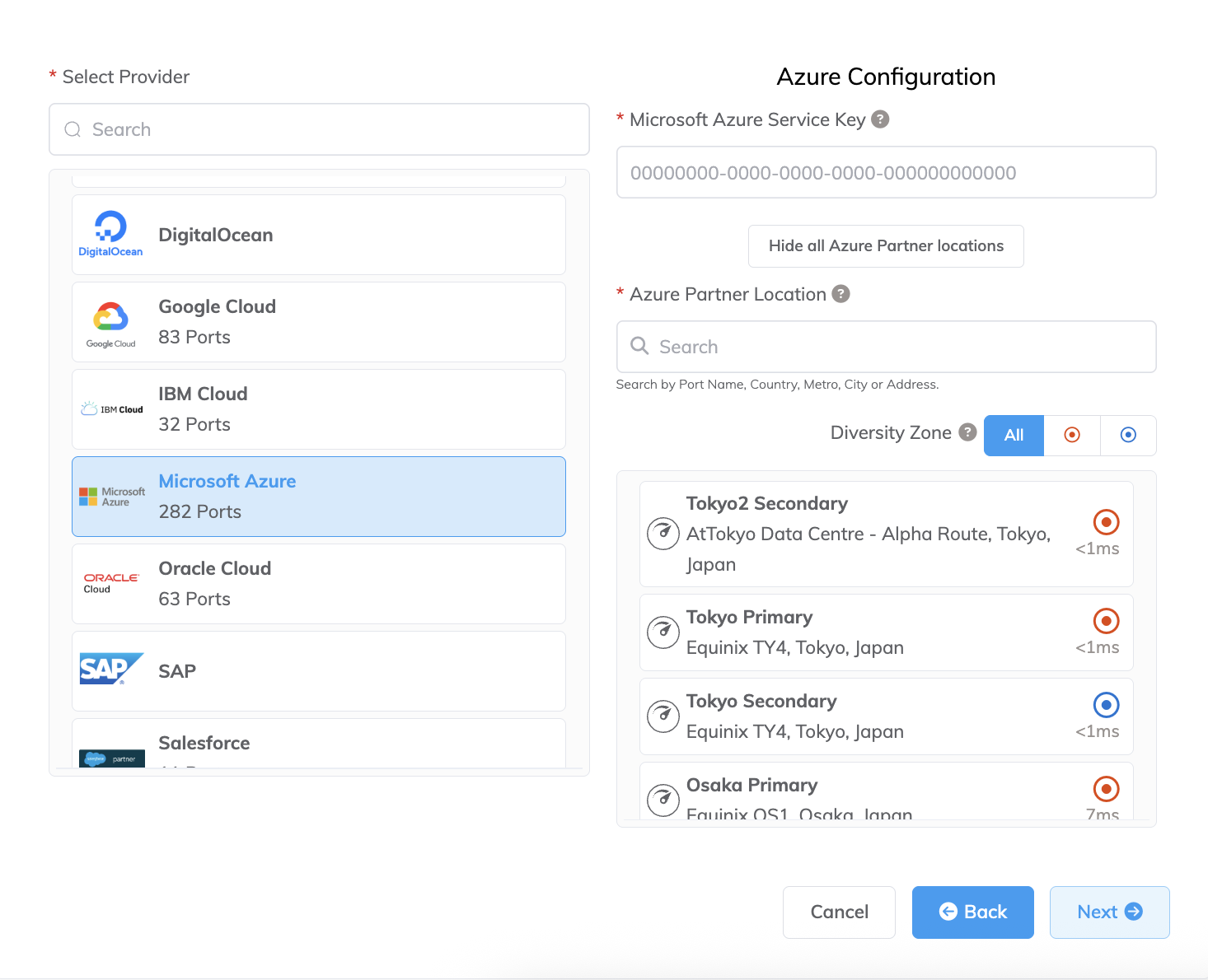 A nova página de conexão 'Select Port (Selecionar Port)' com o provedor Microsoft Azure selecionado. Uma lista de portas é exibida, com sua localização, zona e latência esperada