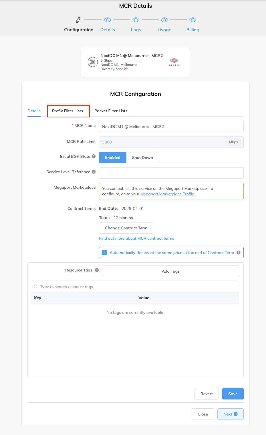 Aba de listas de filtros de prefixo
