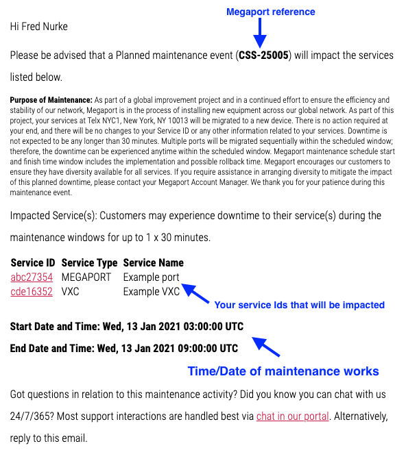 Notificação de manutenção da rede