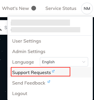 Menu do usuário com entrada do Portal de Solicitações de Suporte