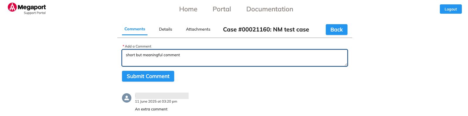 Página de comentários do Portal de Suporte
