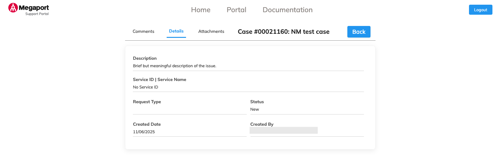 Página de detalhes do Portal de Suporte