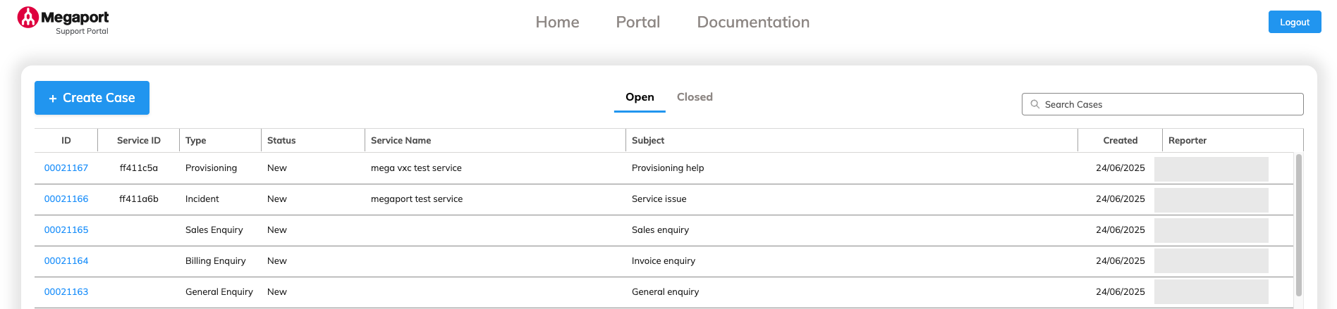 Página inicial do Portal de Solicitações de Suporte