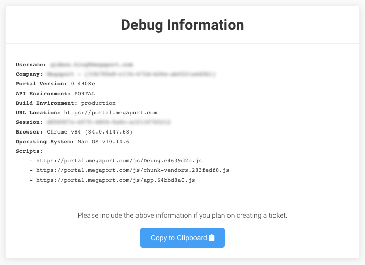 Página de Informações de Depuração