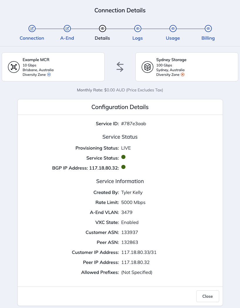 You can find the Customer IP Address on the Configuration Details page of the VXC