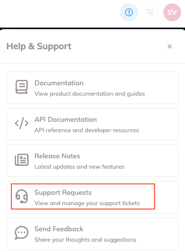 Help & Support menu with Support Requests entry