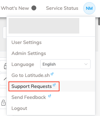 User menu with Support Request Portal entry