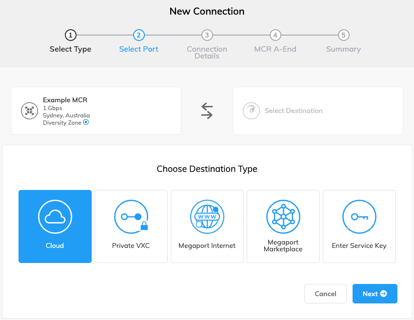新建连接 'Type' 界面，选择了 'Cloud' 选项