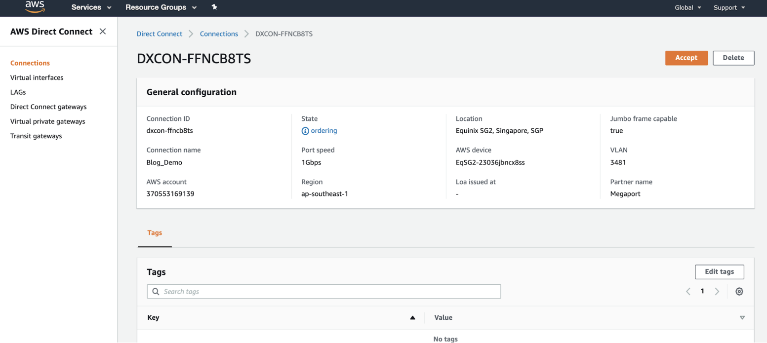 接受 AWS 连接