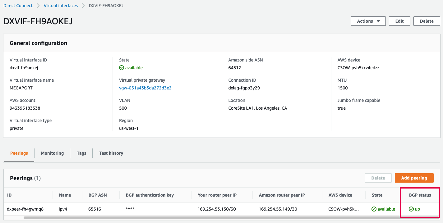 AWS 控制台中的 Aruba BGP 对等体状态