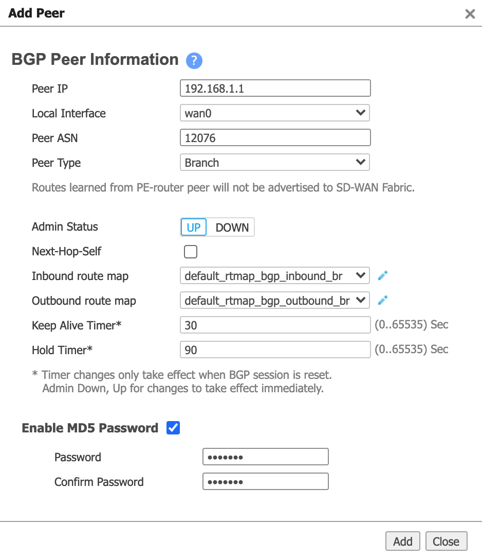 为 Aruba 添加 BGP 对等体