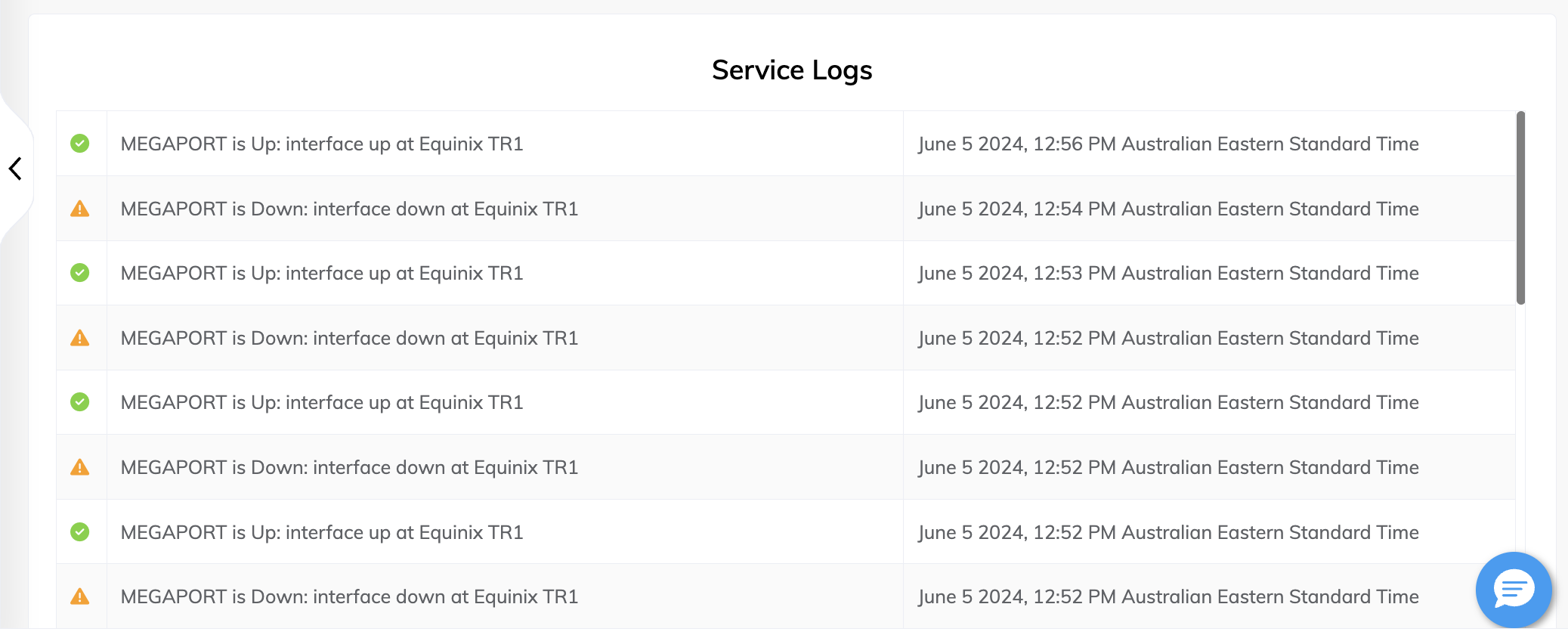 Service Logs 页面，显示该 Port 最近的 100 个事件