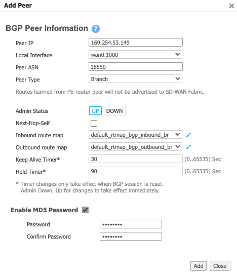 为 Aruba 添加 BGP 对等体