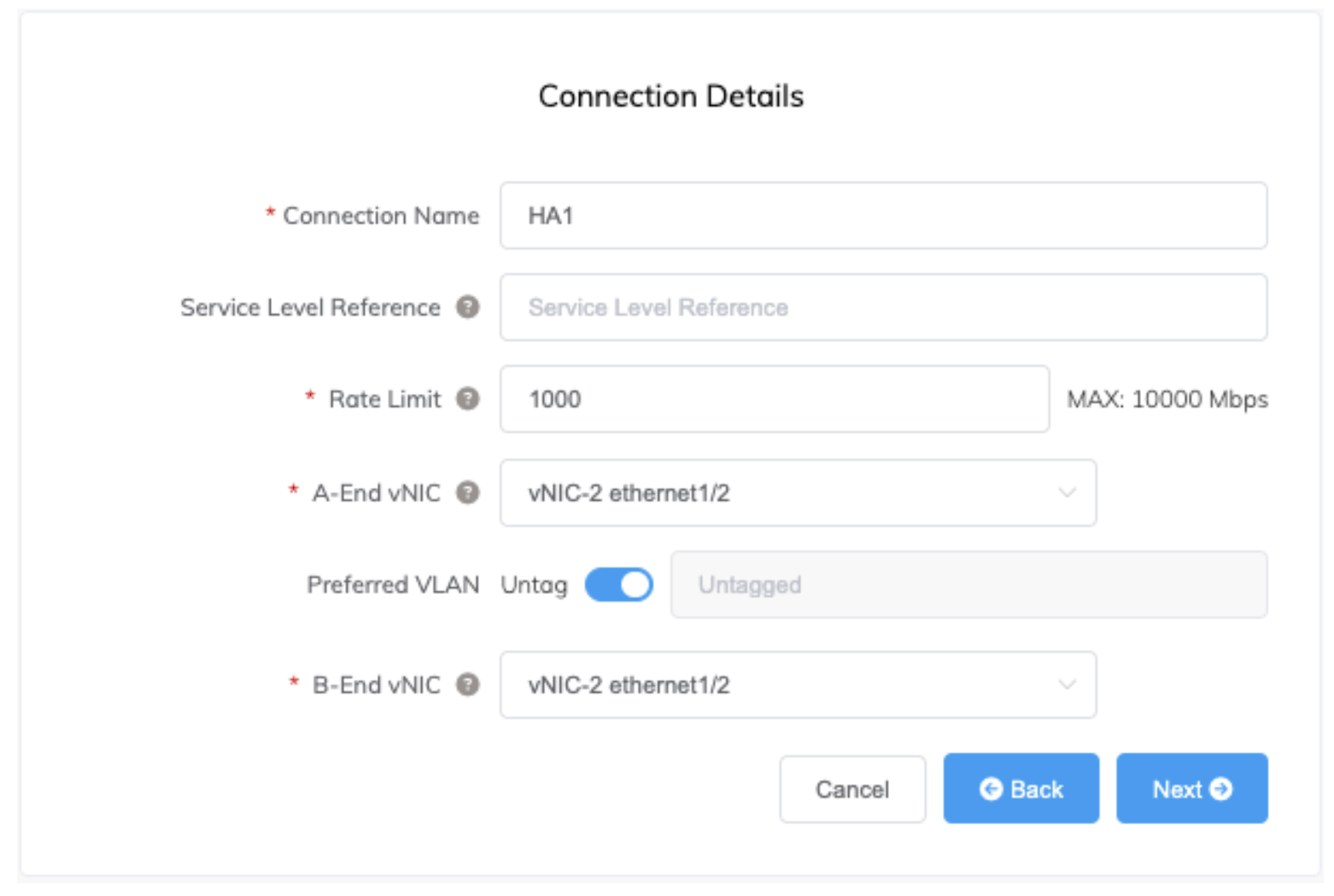 位于 Megaport Portal 中的 Palo Alto Networks HA1 VXC