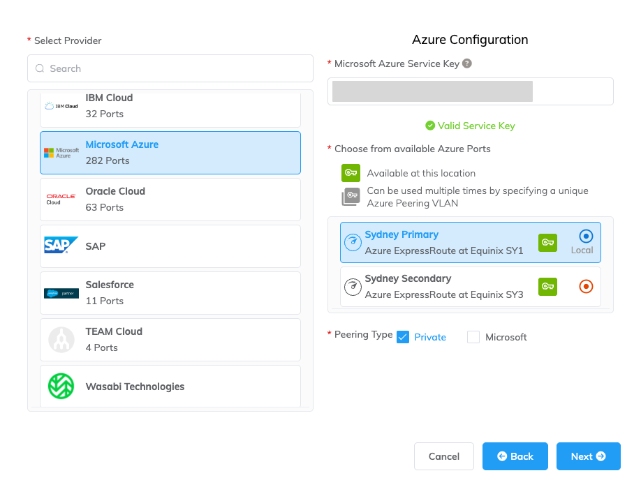 新的連線頁面，使用 Microsoft Azure Provider，並已選取 'Private' peering 選項