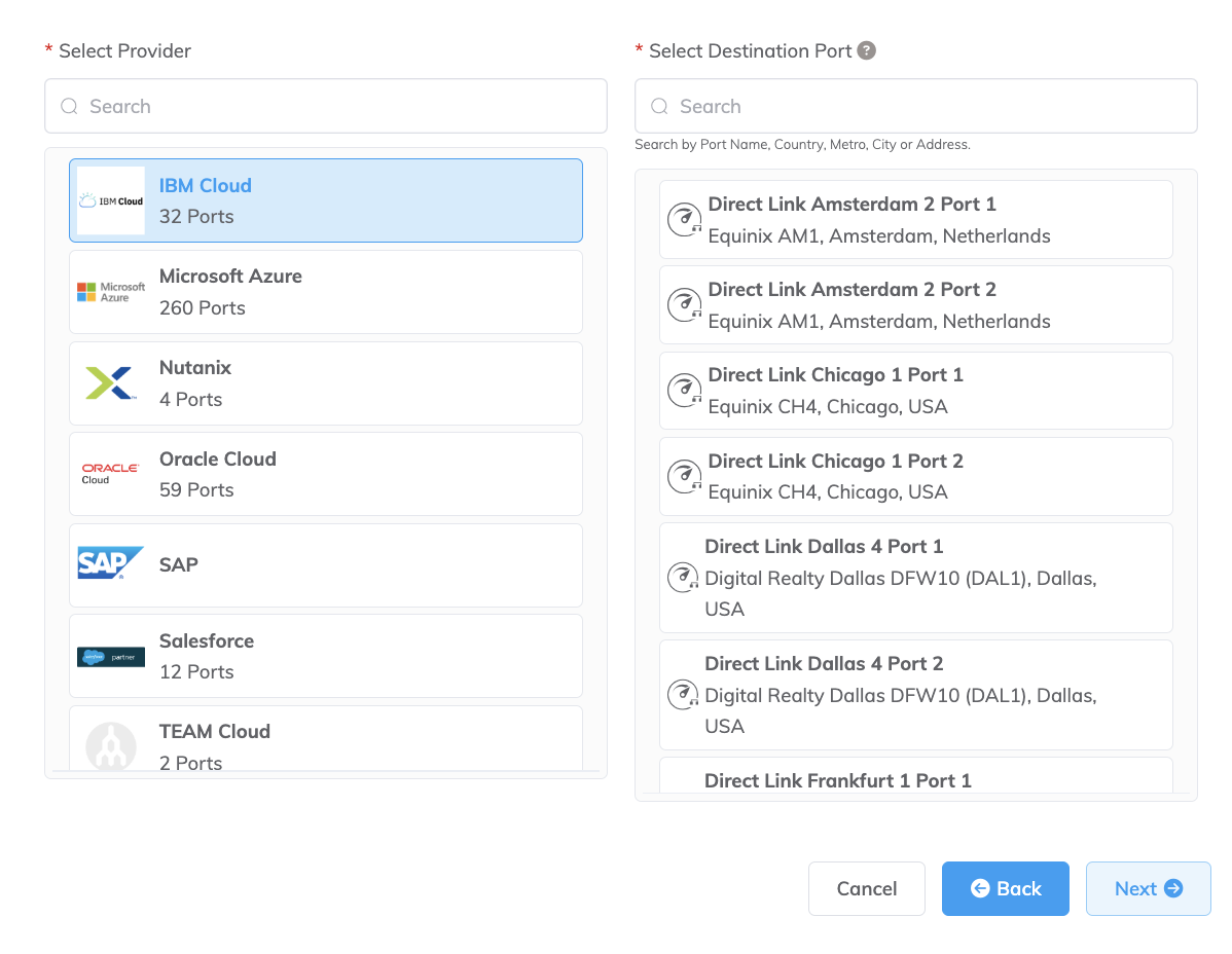 選取 IBM Direct Link 位置