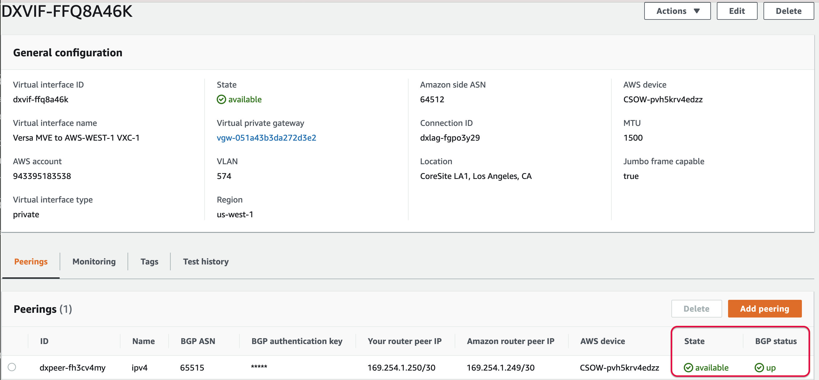 AWS 端的 AWS 連線狀態
