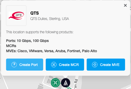 此影像顯示展開位置的詳細資訊。文字為「This location supports the following products:Ports - 10 Gbps, 100 Gbps, MCRs, MVEs. Cisco, VMware, Versa, Aruba, Fortinet, Palo Alto.」。彈出視窗底部有按鈕，分別為「建立 Port」、「建立 MCR」與「建立 MVE」。