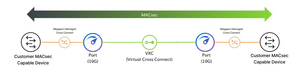 MACsec 客戶對客戶示意圖。 此圖顯示一個 MACsec 加密連線的結構：從具備 MACsec 功能的客戶交換器，經由實體連線到一個 Megaport Port。 其再透過 Virtual Cross Connect（VXC）連到另一個 Megaport Port。 第二個 Megaport Port 透過實體連線接至客戶的第二台具備 MACsec 功能的交換器。  