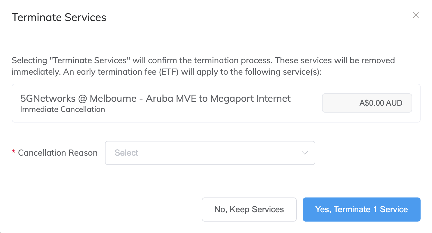 刪除 Megaport Internet 的 Terminate Services 視窗