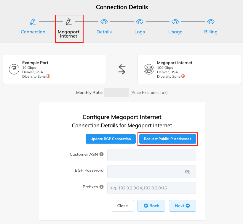 此圖顯示要在哪裡按一下 Megaport Internet 