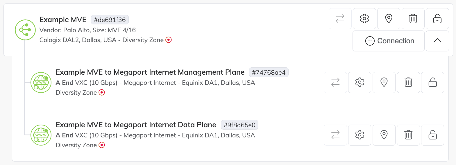 MVE 與 Megaport Internet 連線於 Megaport Portal 中